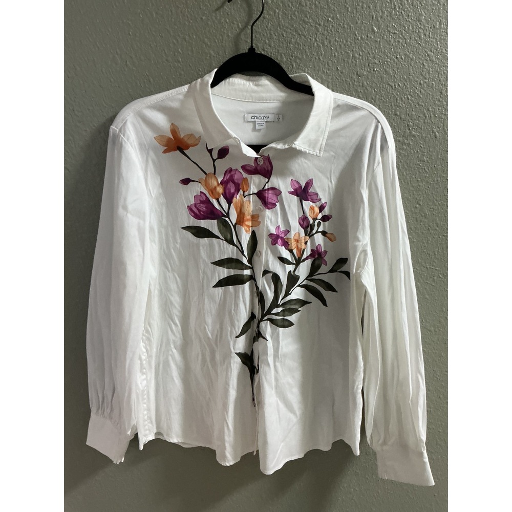 Chico's White Floral Graphic Button Down Shirt Size 2 Large US 12 Long Sleeve